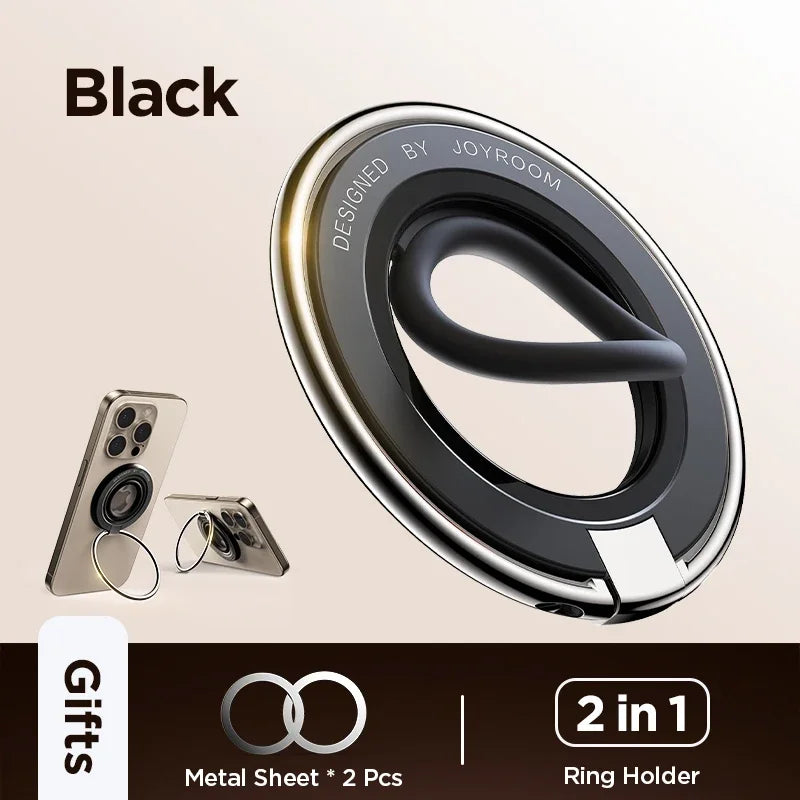 Black Joyroom magnetic phone ring holder with 2-in-1 grip and kickstand design, shown attached to iPhone with included bonus metal sheets